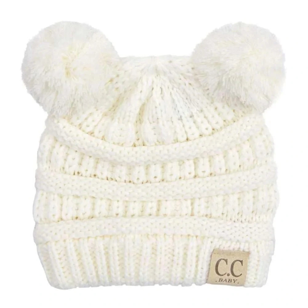 C.C Kids' Babies' Soft Stretch Cable Knit Faux Fur Pom Pom Beanie Hat